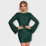 Vestido sin espalda con brillos y mangas largas